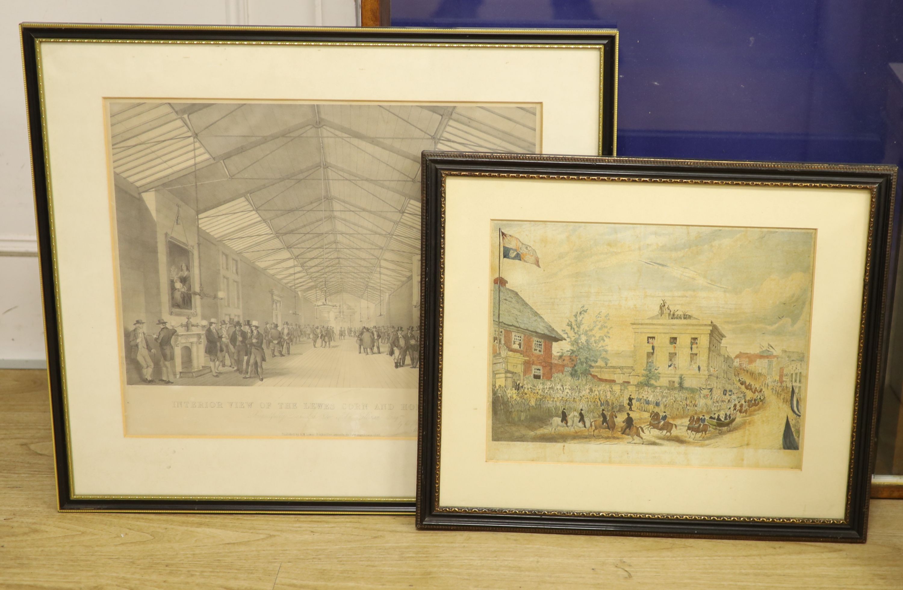 Lewes interest - Two engravings - ‘’Sketch of the visit of their most gracious majesties William and Adelaide, to the ancient and loyal borough of Lewes’’ and ‘’Interior view of the Lewes Corn Hall and Hop Exchange’’